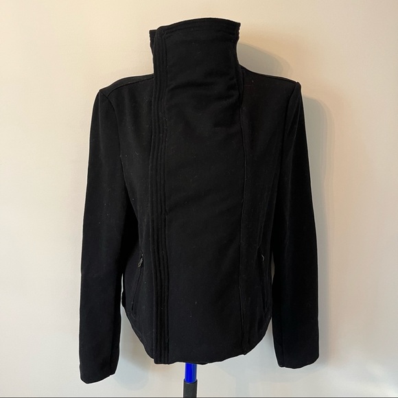 Gap Jacket Black Wool Blend Moto Winter Coat with Faux Vegan Shearling Trim Sz L - Picture 2 of 16
